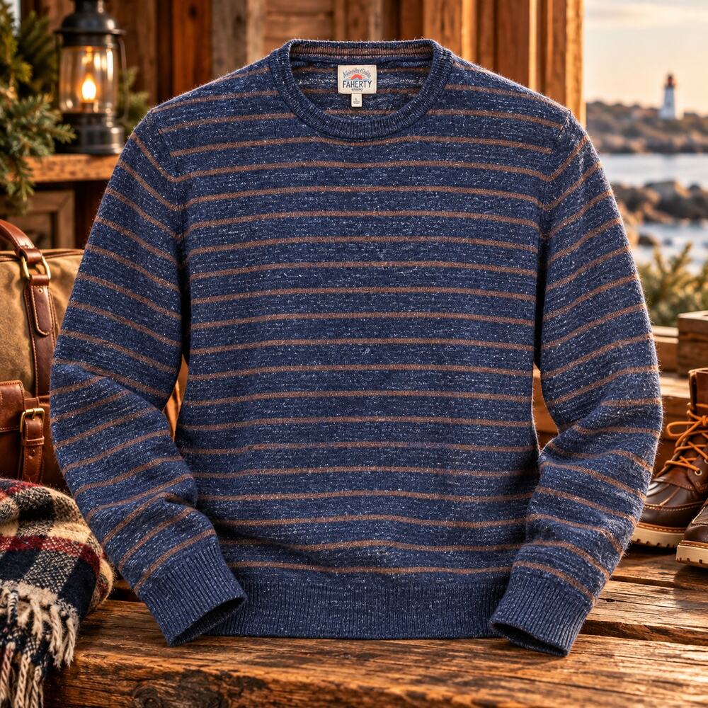 Faherty Sweater Mens Large Blue Brown Stripe 100% Cotton Crewneck Pullover